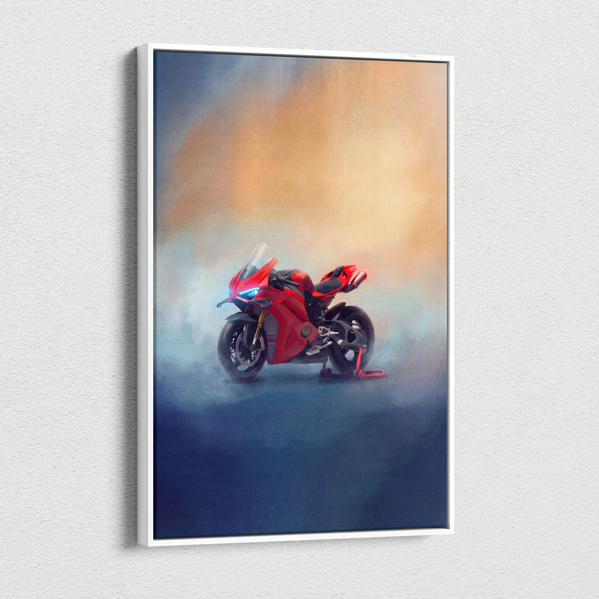 Red ducati panigale v4s inspired supersport artwork in white frame italian superbike canvas print wall decor