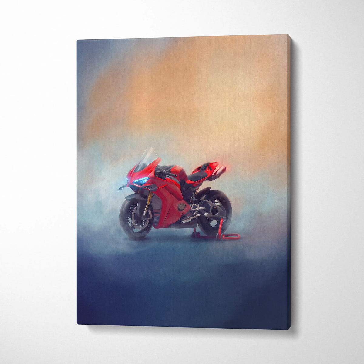 Red ducati panigale v4s canvas wall art with glowing blue headlights and smoky atmospheric effects for racing decor