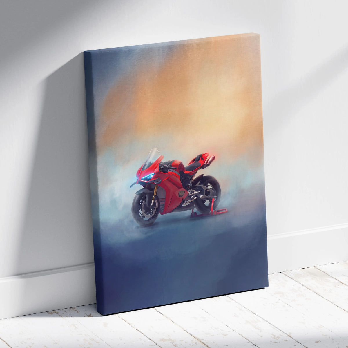 Red ducati panigale v4s supersport canvas print with dynamic smoky gradient background racing wall art decor