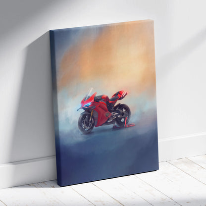 Red ducati panigale v4s supersport canvas print with dynamic smoky gradient background racing wall art decor