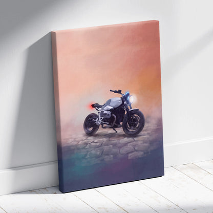A sleek silver bmw r ninet inspired naked motorcycle canvas print with glowing headlights and retro cafe racer style wall art