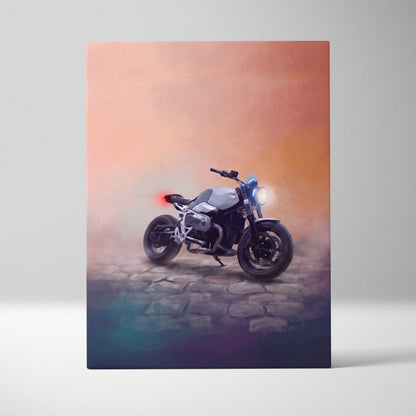 A sleek silver and black bmw r ninet inspired naked motorcycle wall art featuring a glowing headlight under orange sky
