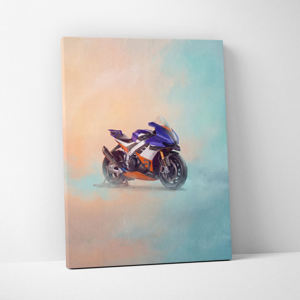 Aprilia RSV4 Xtrenta inspired wall art featuring a vibrant purple orange and white motorcycle illustration on canvas
