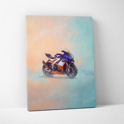 Aprilia RSV4 Xtrenta inspired wall art featuring a vibrant purple orange and white motorcycle illustration on canvas