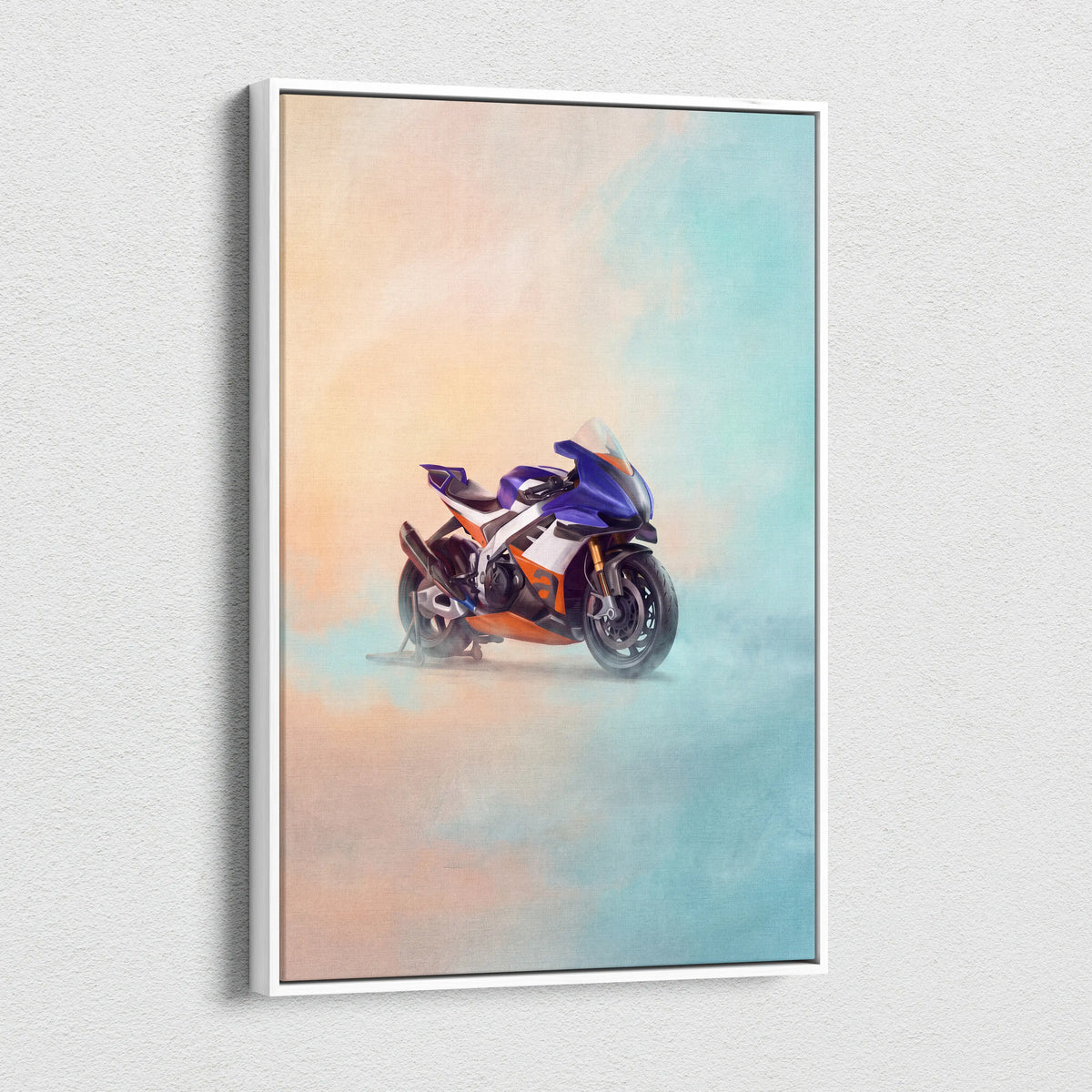 A framed canvas print of an aprilia RSV4 Xtrenta inspired purple orange sport motorcycle on gradient background