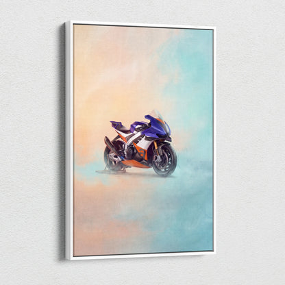 A framed canvas print of an aprilia RSV4 Xtrenta inspired purple orange sport motorcycle on gradient background