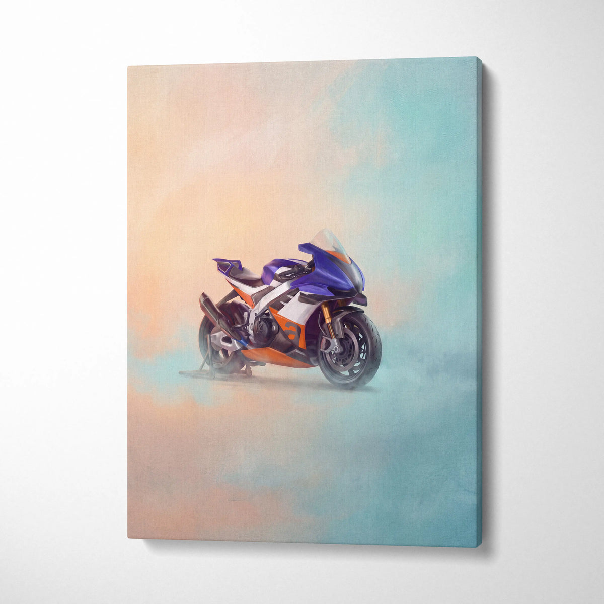 Aprilia rsv4 xtrenta inspired supersport canvas wall art featuring purple and orange sport motorcycle for garage decor