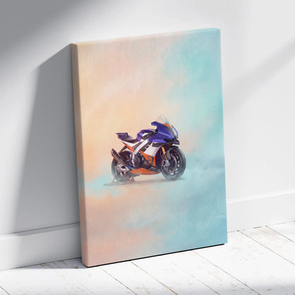 Aprilia rsv4 xtrenta inspired supersport wall art featuring a vibrant purple and orange racing motorcycle on canvas
