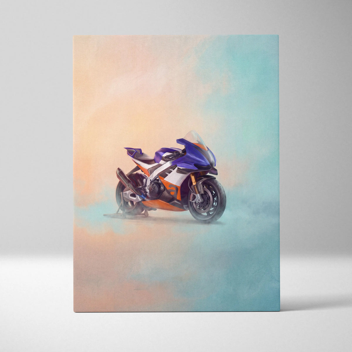 Stylized painterly illustration of vibrant blue and orange Aprilia RSV4 Xtrenta racing motorcycle canvas art for garage decor