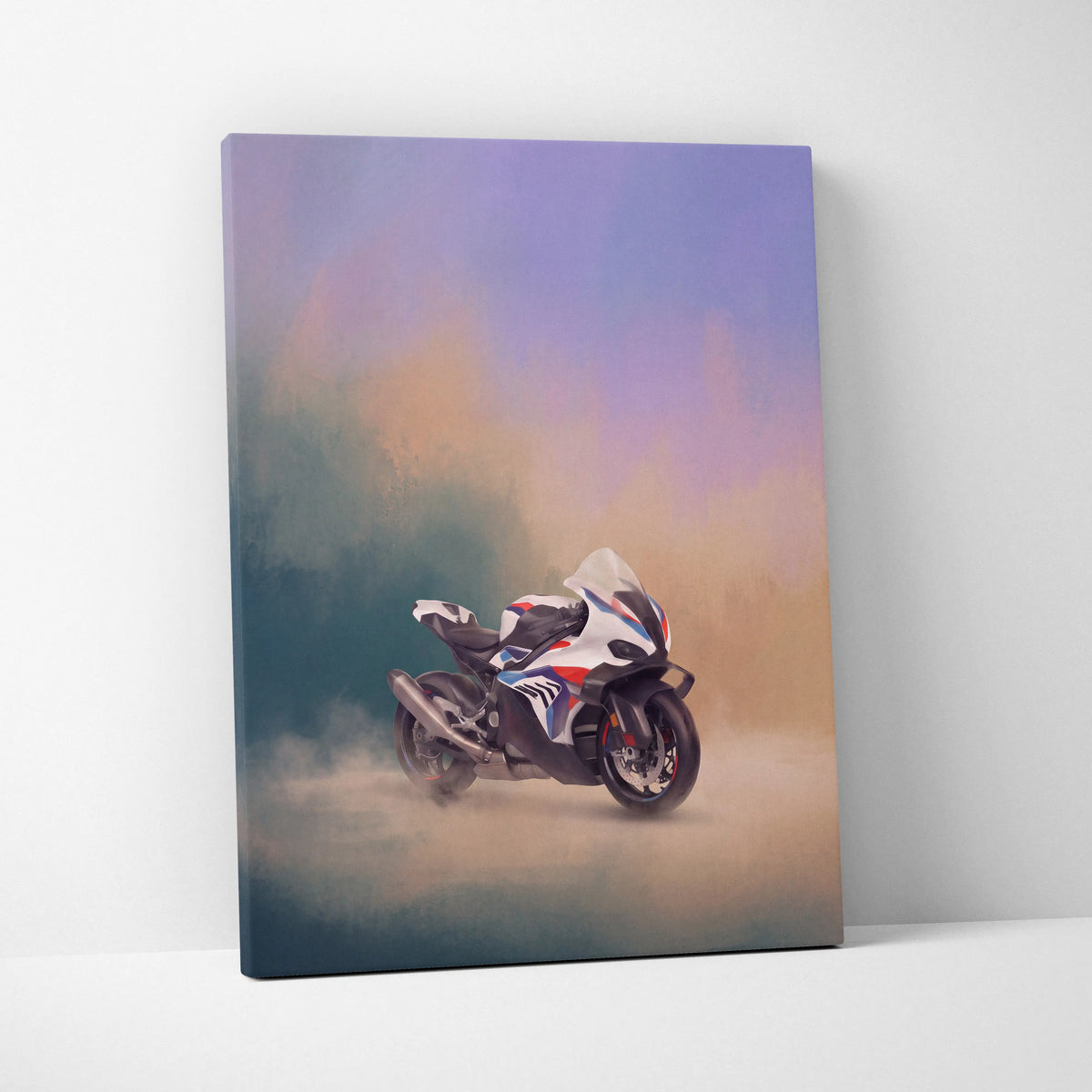 Bmw m1000rr inspired motorcycle wall art featuring a white blue and red supersport bike on smoky gradient canvas background