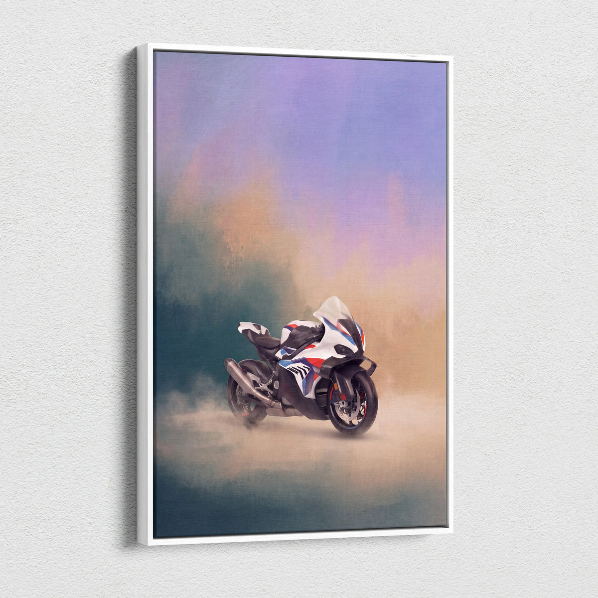 White-framed canvas print featuring a stylized white black and red bmw m1000rr inspired sport motorcycle against a gradient sky