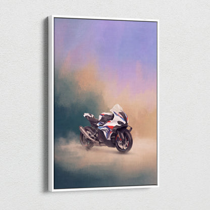 White-framed canvas print featuring a stylized white black and red bmw m1000rr inspired sport motorcycle against a gradient sky