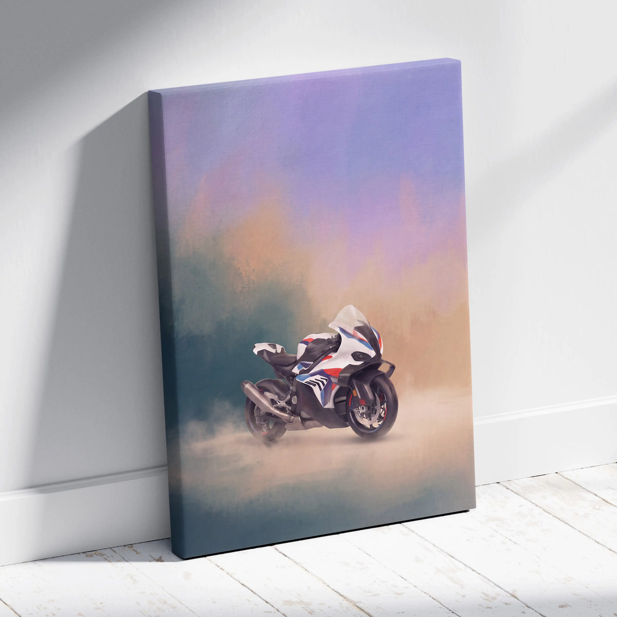 A canvas print of a white blue and red BMW M1000RR inspired motorcycle with black accents against a soft gradient sky background