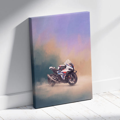 A canvas print of a white blue and red BMW M1000RR inspired motorcycle with black accents against a soft gradient sky background
