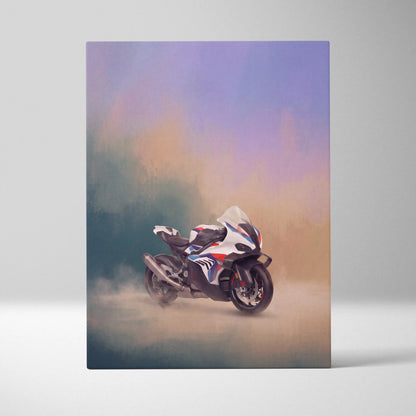 White blue and red bmw m1000rr inspired motorcycle canvas print with smoky background racing home decor wall art