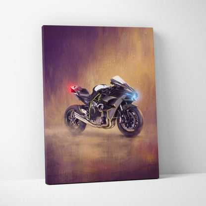 Black and gold Kawasaki Ninja H2 inspired supersport canvas print with glowing blue headlights and red taillight on smoky background