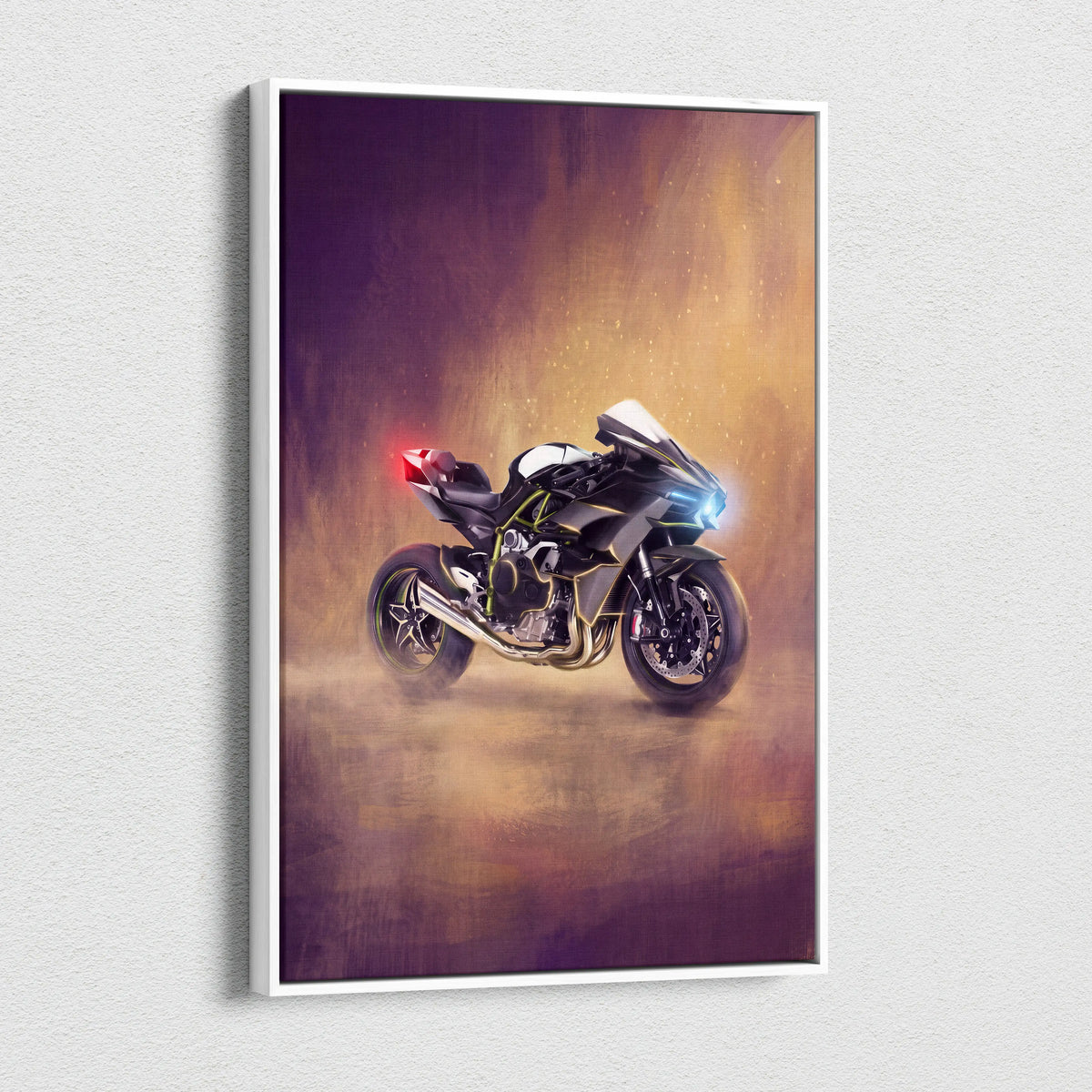Black and white Kawasaki Ninja H2 inspired supersport motorcycle artwork in a sleek modern framed canvas print
