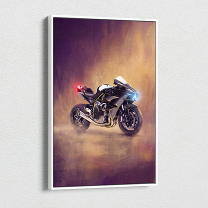 Black and white Kawasaki Ninja H2 inspired supersport motorcycle artwork in a sleek modern framed canvas print