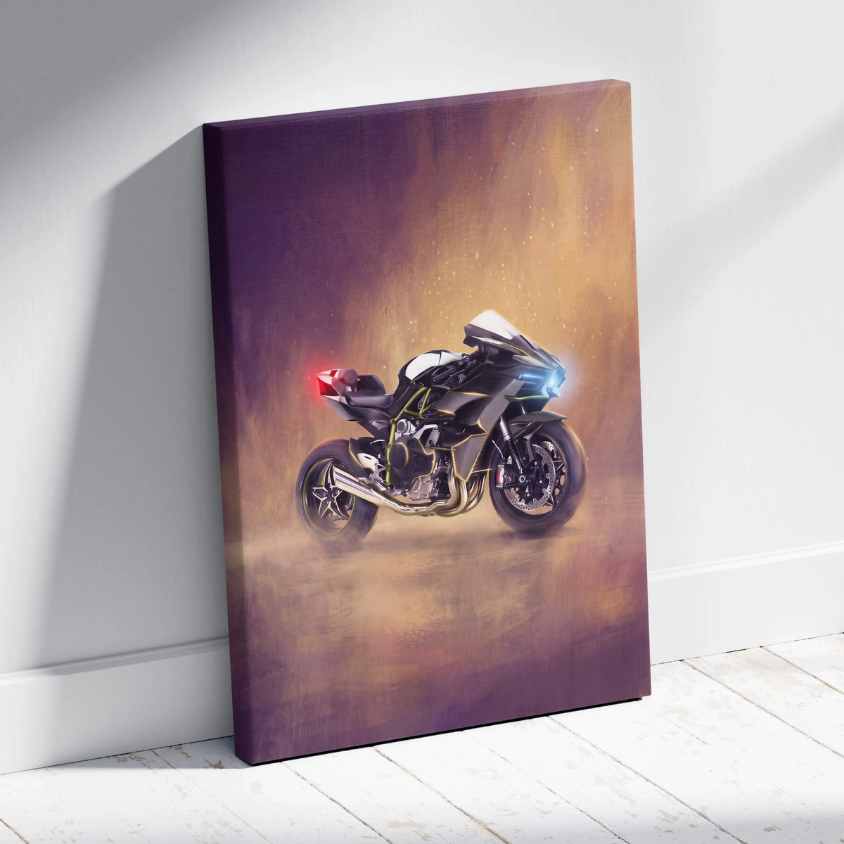 Black and gold kawasaki ninja h2r supersport canvas print with glowing blue headlights and red taillight on smoky background