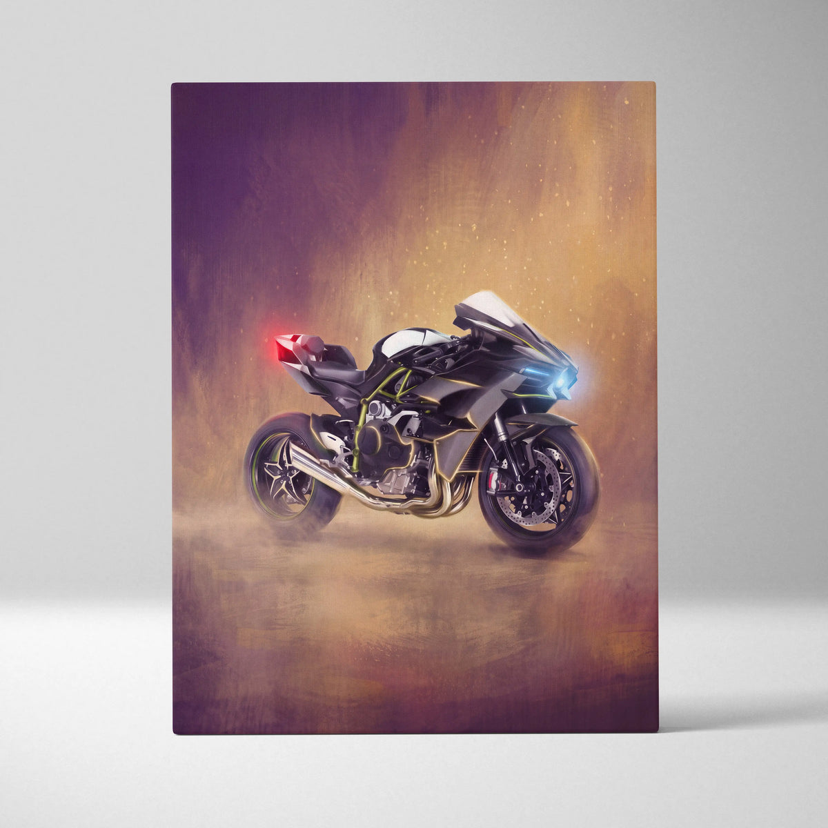 Black and gold Kawasaki Ninja H2r motorcycle illustration with blue headlights on superbike canvas print poster