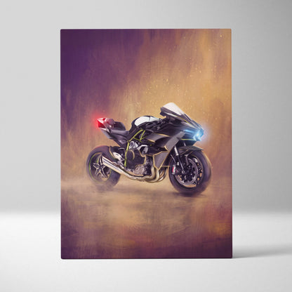 Black and gold Kawasaki Ninja H2r motorcycle illustration with blue headlights on superbike canvas print poster