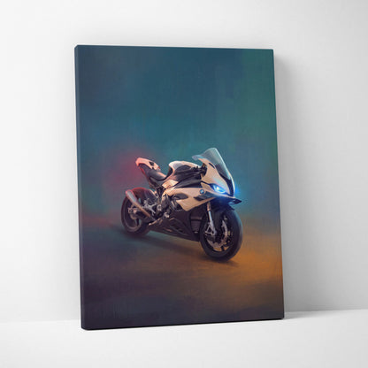 Bmw s1000rr inspired sport bike wall art featuring a black and beige motorcycle with blue headlights on teal and orange canvas