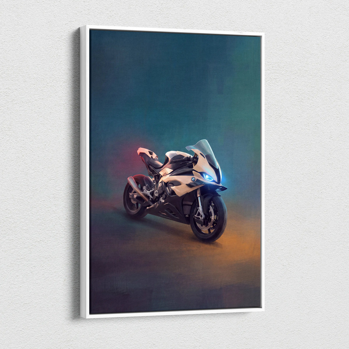 A framed artwork of a sleek metallic silver bmw s1000rr inspired sport bike with glowing blue headlights on canvas