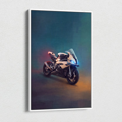 A framed artwork of a sleek metallic silver bmw s1000rr inspired sport bike with glowing blue headlights on canvas
