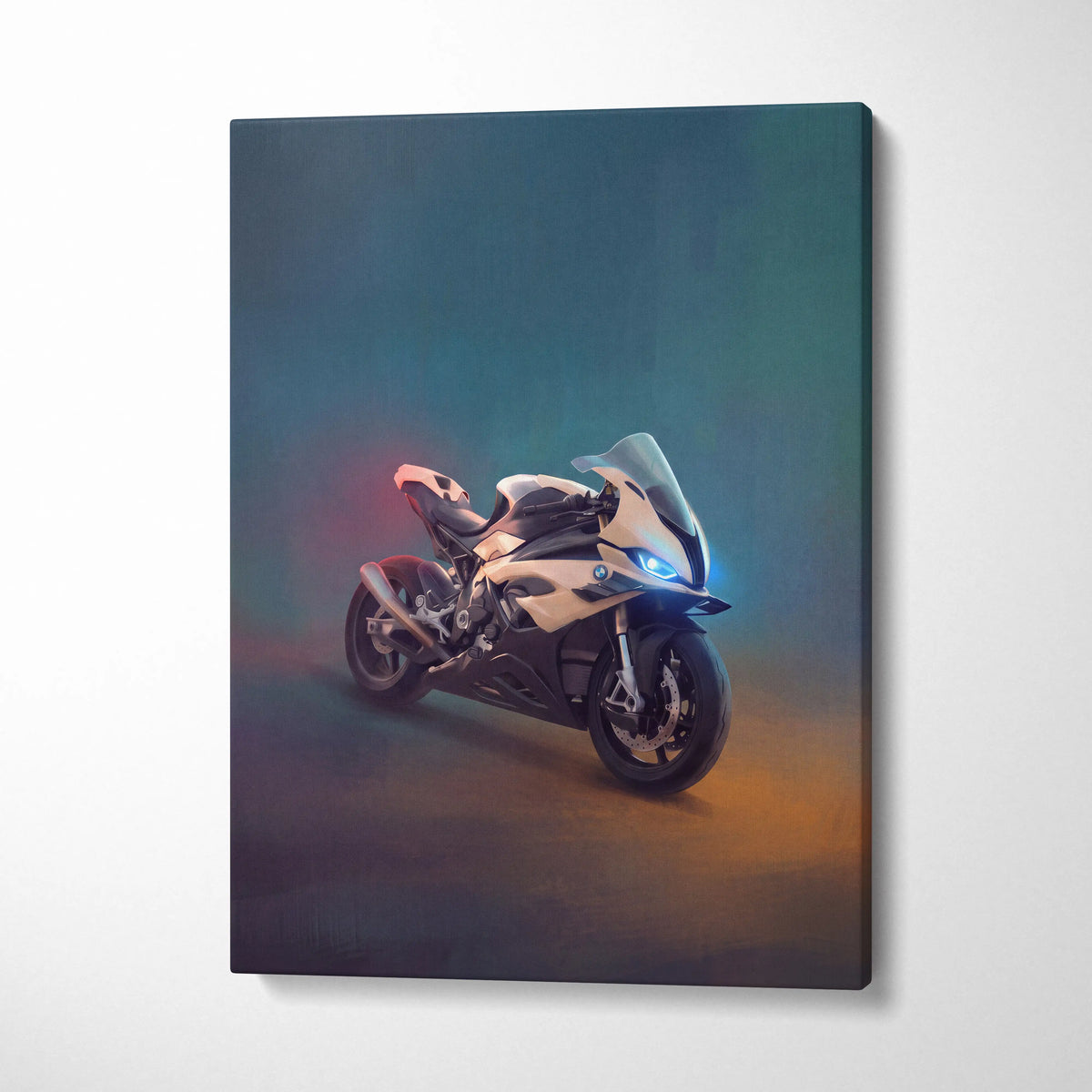 Bmw s1000rr inspired sport bike wall art featuring a sleek white and black superbike with glowing blue headlights on canvas
