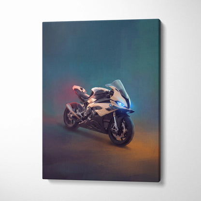 Bmw s1000rr inspired sport bike wall art featuring a sleek white and black superbike with glowing blue headlights on canvas