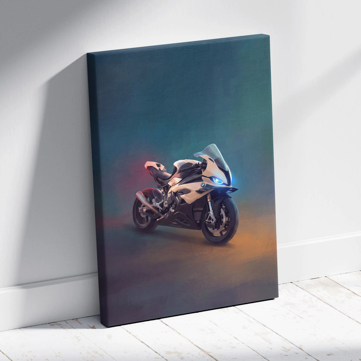 Canvas print of a sleek bmw s1000rr inspired sport bike with glowing blue headlights in beige and black for garage decor