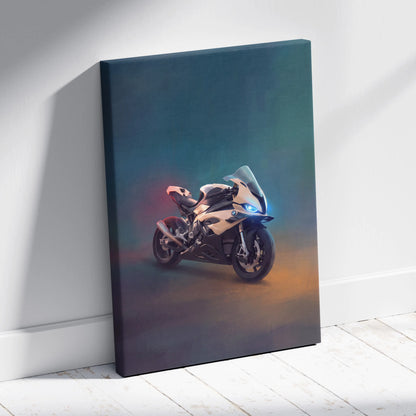 Canvas print of a sleek bmw s1000rr inspired sport bike with glowing blue headlights in beige and black for garage decor