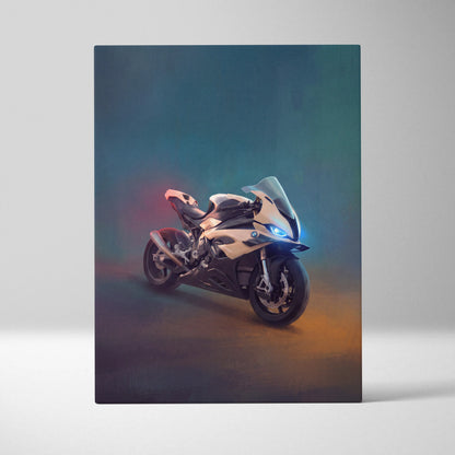 A sleek modern bmw sport motorcycle with glossy white and black finish featured in track racing canvas art