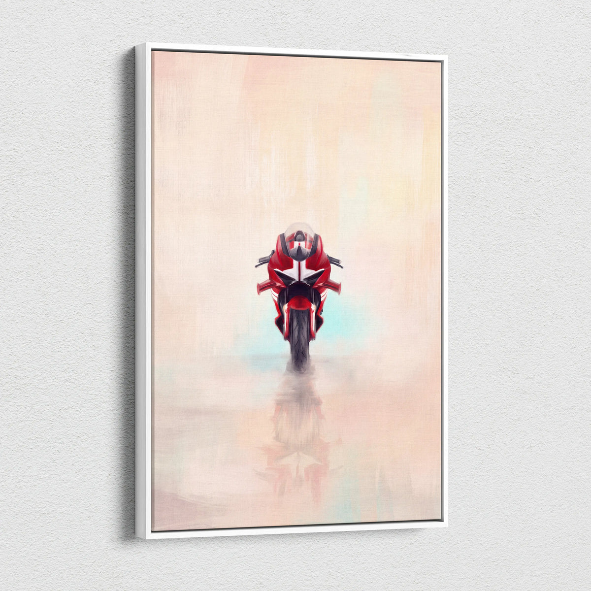 Red and black racing motorcycle artwork in a white frame ducati panigale inspired canvas art for superbike enthusiasts