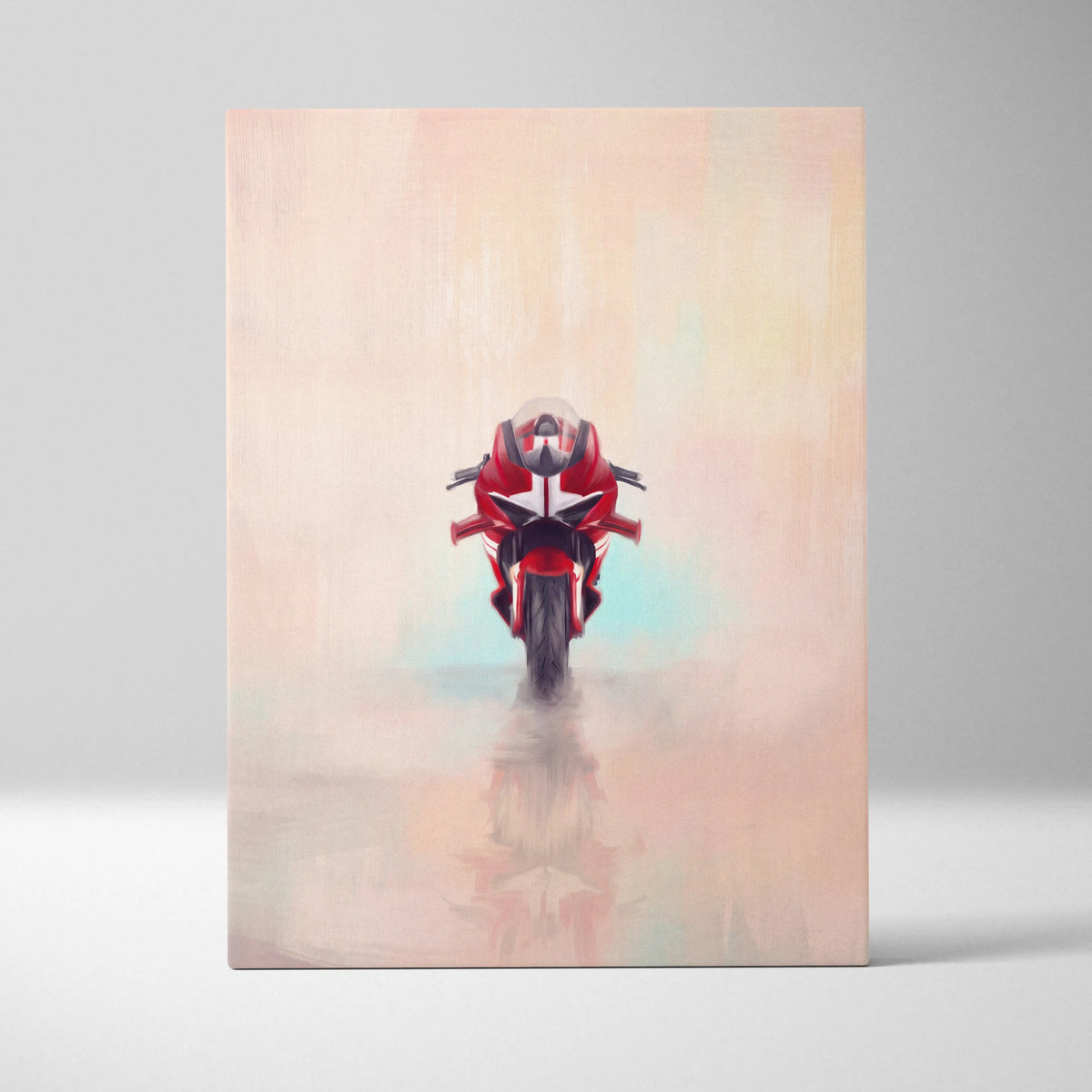 Red and black ducati panigale inspired motorcycle canvas wall art with rider on pastel gradient for superbike fans