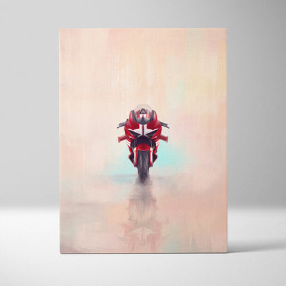 Red and black ducati panigale inspired motorcycle canvas wall art with rider on pastel gradient for superbike fans