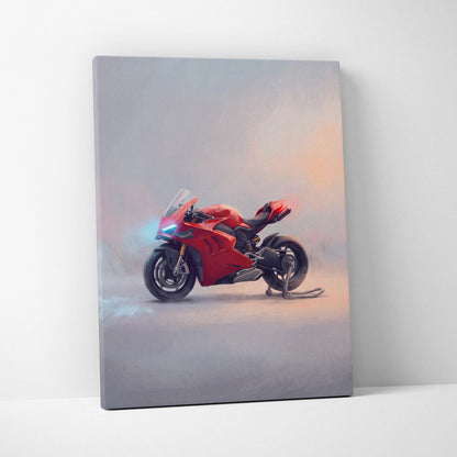 Red ducati panigale v4s inspired sport bike wall art canvas print with sleek aerodynamic design and glowing blue headlights
