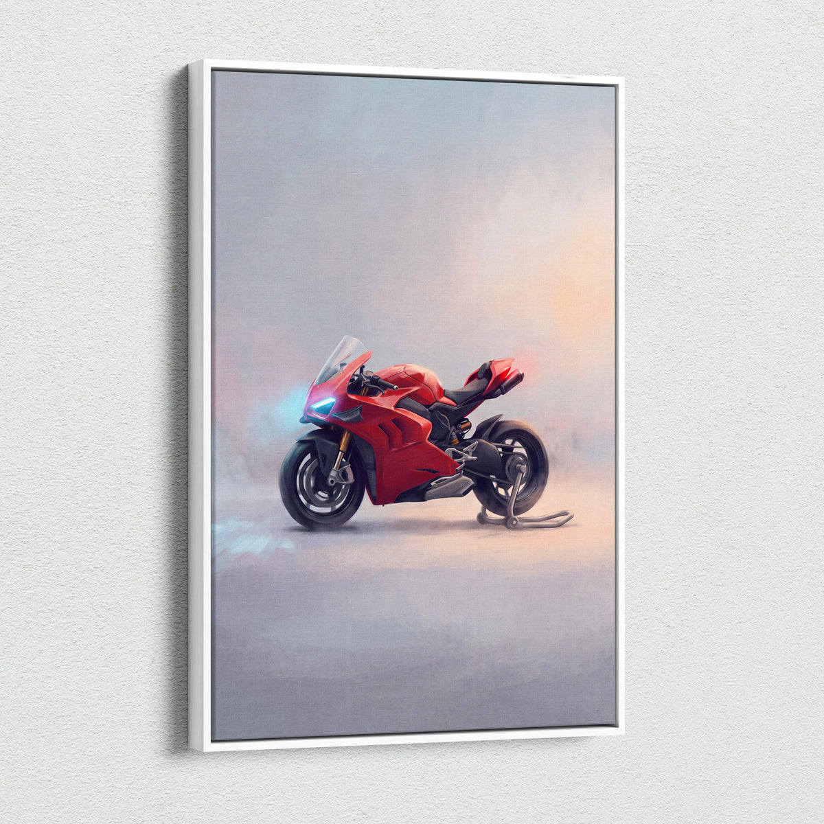 Red Ducati Panigale V4S inspired sport bike canvas art in a sleek white frame for superbike home decor