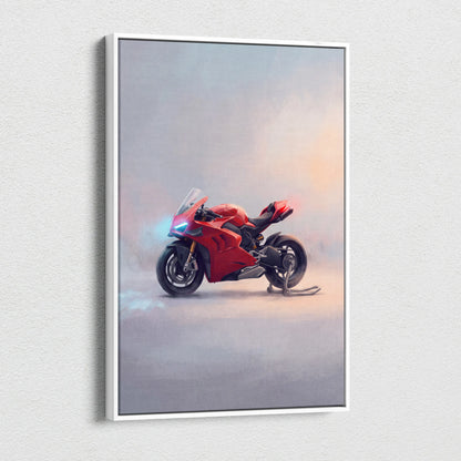 Red Ducati Panigale V4S inspired sport bike canvas art in a sleek white frame for superbike home decor