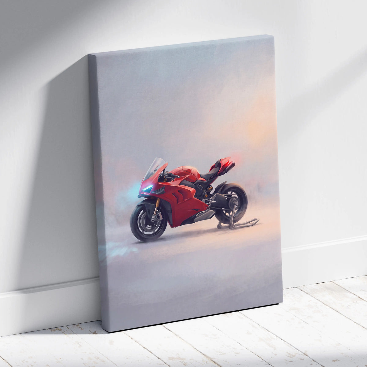 Red ducati panigale v4s inspired sport bike canvas print with sleek design and glowing blue headlights for wall art