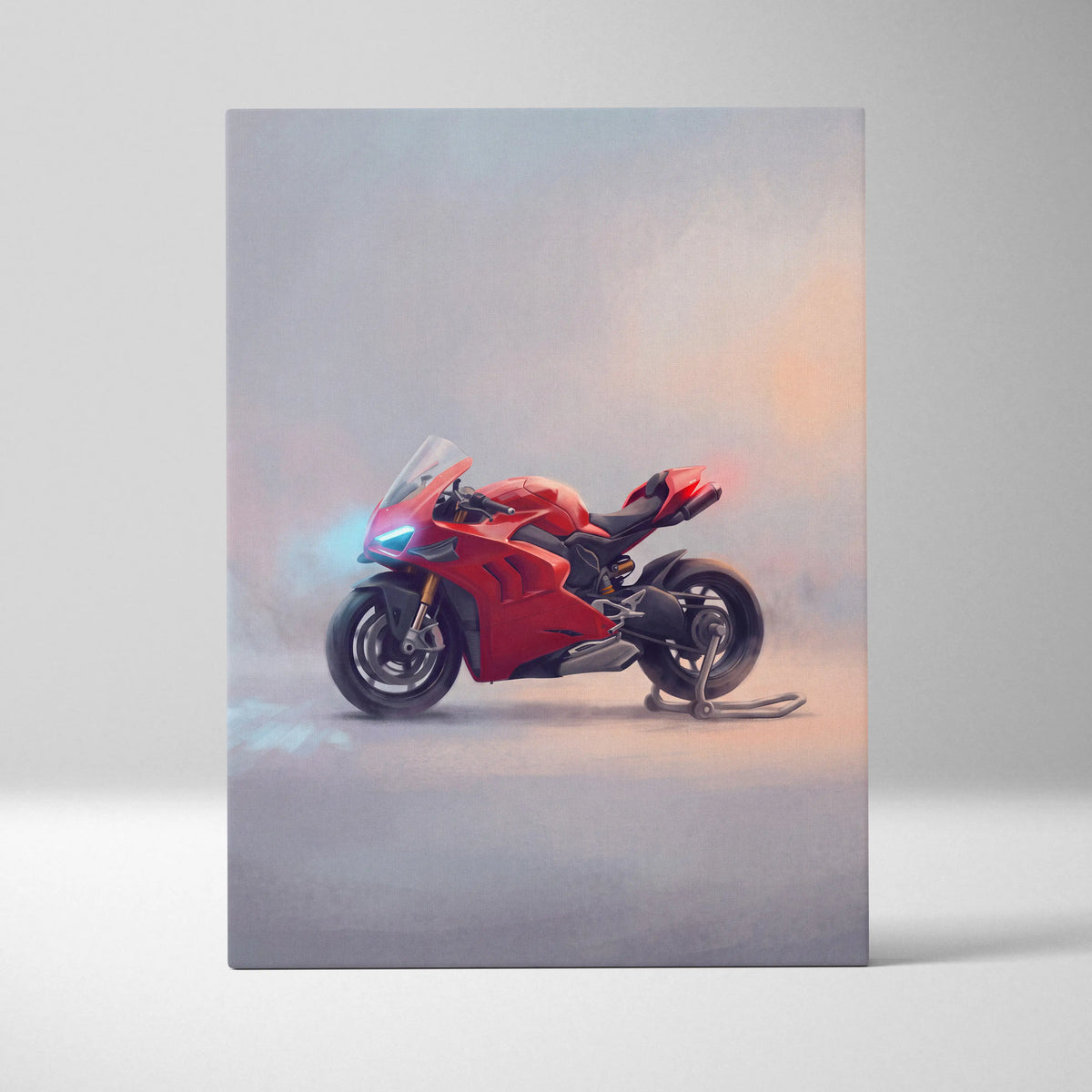 Red ducati panigale v4s sport bike wall art with sleek aerodynamic design and black accents for superbike home decor
