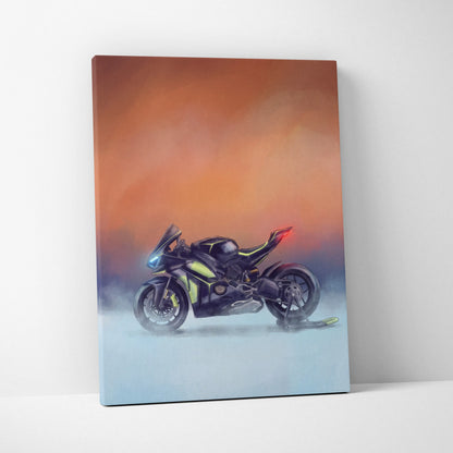 Black and neon green Ducati Panigale V4 Lamborghini inspired racing motorcycle canvas print for garage decor