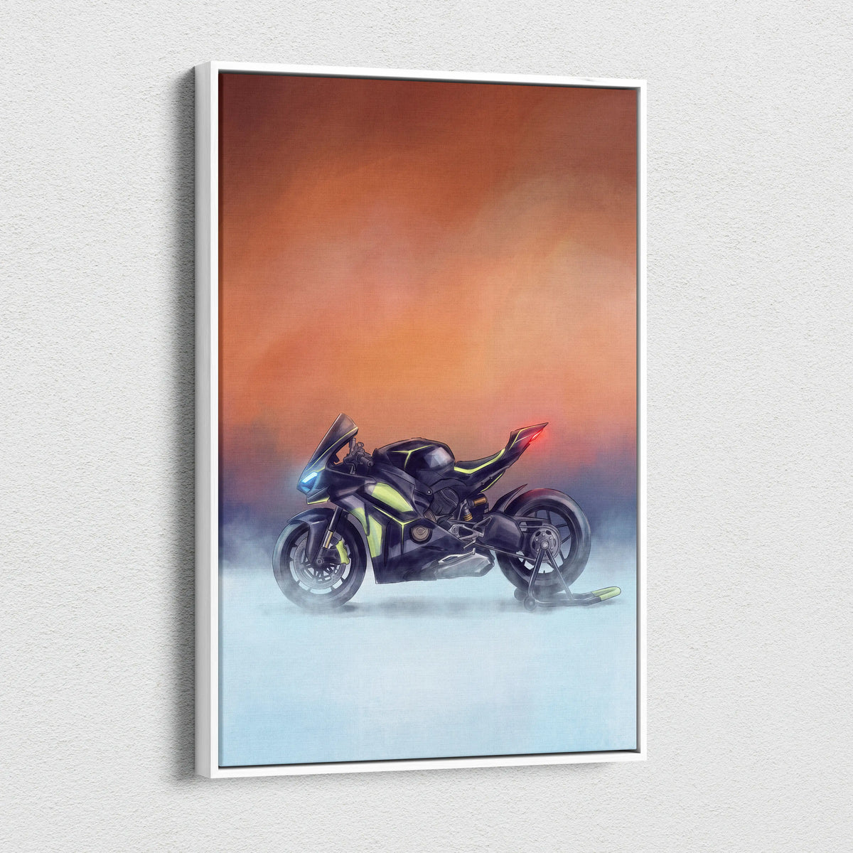 Black and neon yellow Ducati Panigale V4 Lamborghini inspired supersport motorcycle canvas wall art in white frame