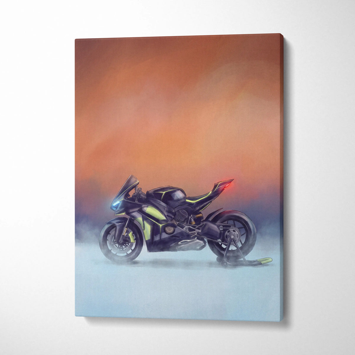 Black and neon green ducati panigale v4 lamborghini inspired racing motorcycle illustration on canvas wall art