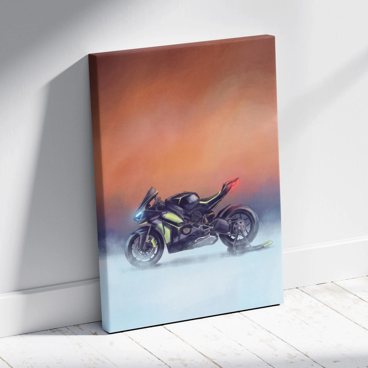 Black and lime green Ducati Panigale V4 Lamborghini inspired canvas print with glowing blue headlights leaning on white wall