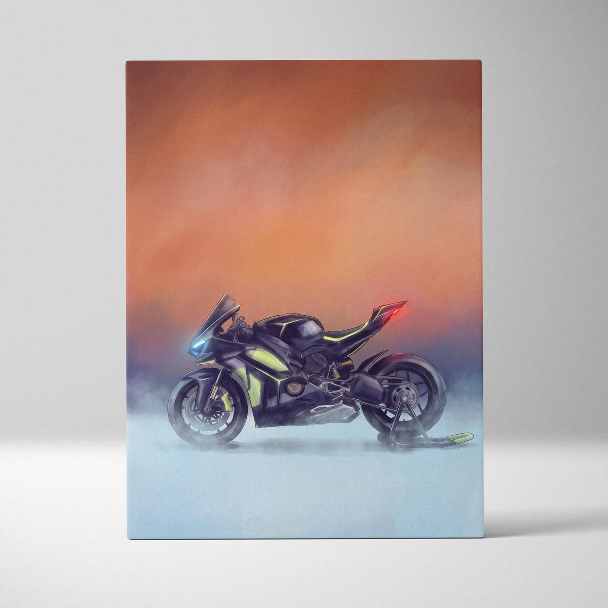 Black and neon green ducati panigale v4 lamborghini inspired sport motorcycle illustration on canvas wall art