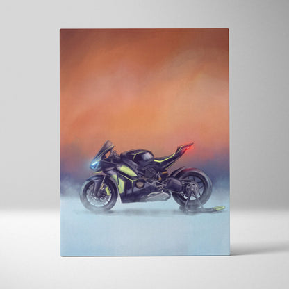 Black and neon green ducati panigale v4 lamborghini inspired sport motorcycle illustration on canvas wall art