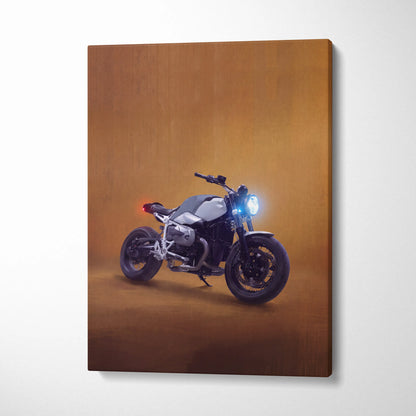 A sleek silver and black bmw r ninest inspired naked motorcycle canvas print with glowing blue headlight wall art
