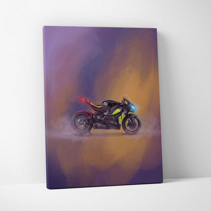 A sleek black and neon green Ducati Panigale V4 Lamborghini inspired racing motorcycle print with glowing lights on canvas
