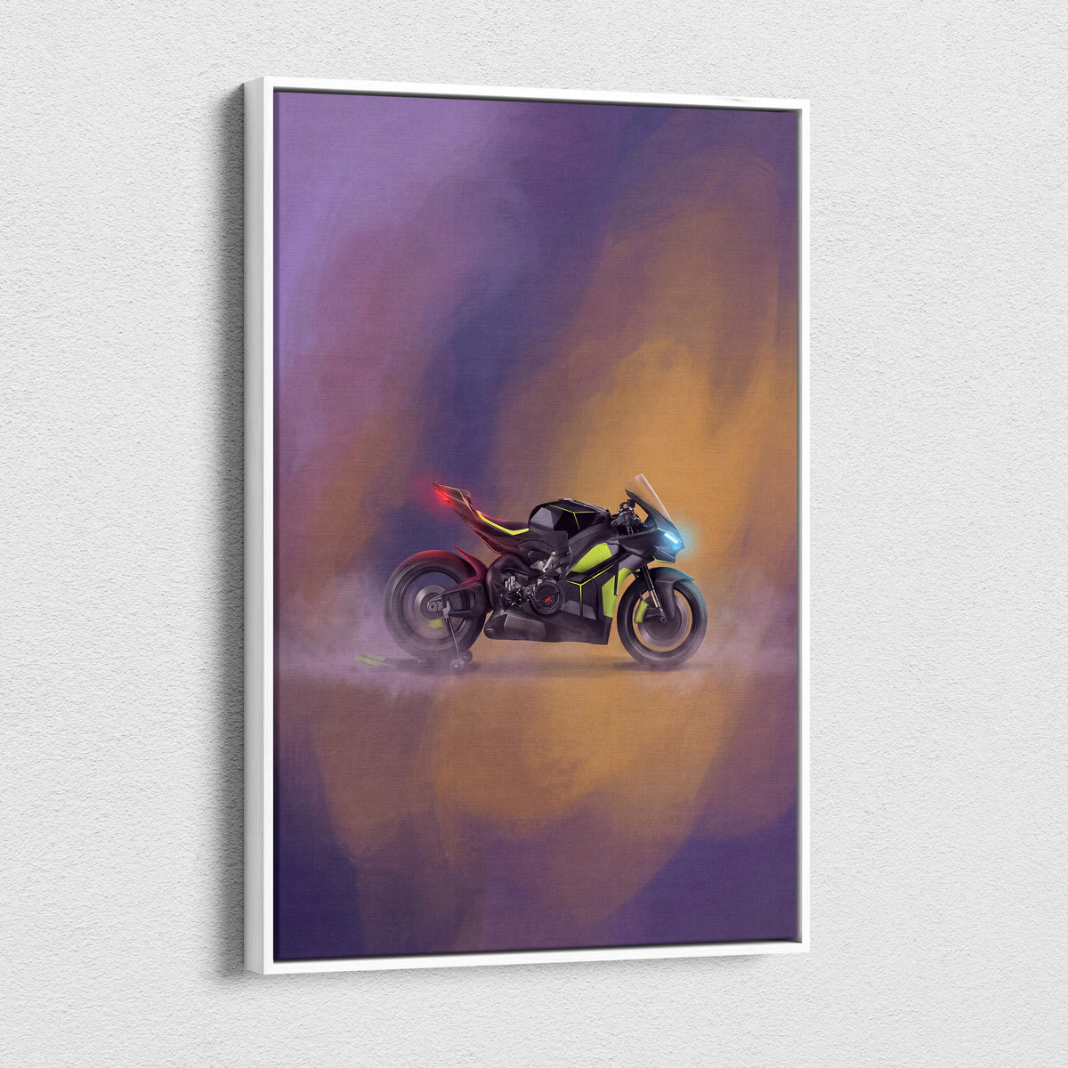 A sleek black and neon green ducati panigale v4 lamborghini inspired racing motorcycle artwork in white frame wall decor